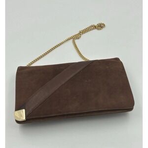 Vintage Brown Suede Leather Clutch Shoulder Bag Purse Gold Chain Susan Gail